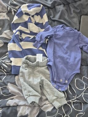 Carter's Blue Striped Hoodie, Solid Blue Bodysuit & Gray Pants Set